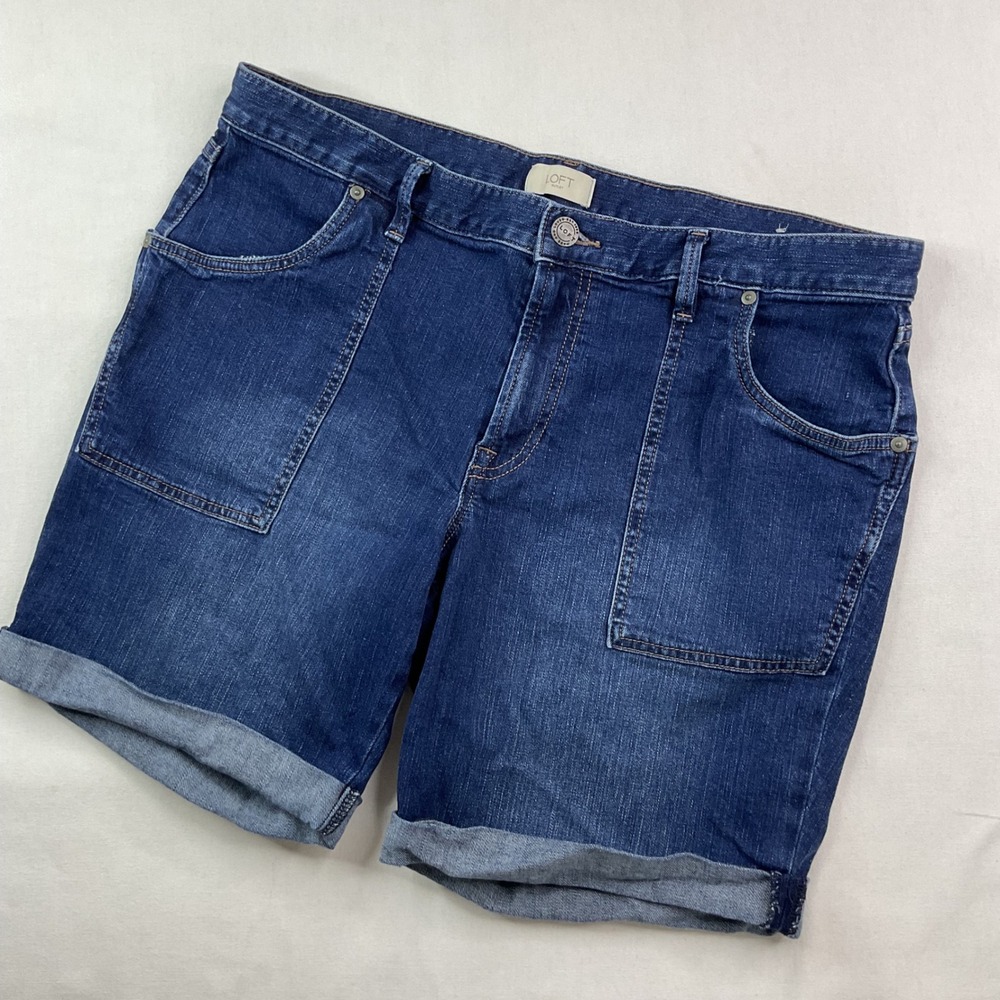 LOFT Cuffed Denim Bermuda Shorts Womens 12 Dark Wash Blue Stretch 499169